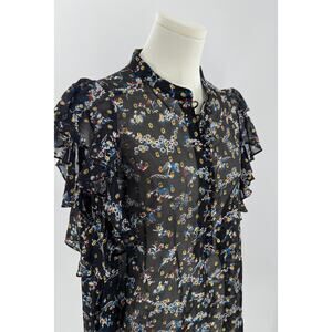Veronica Beard Dazed Black Gold Silk Cold Shoulder Ruffle Top Floral Blouse 6